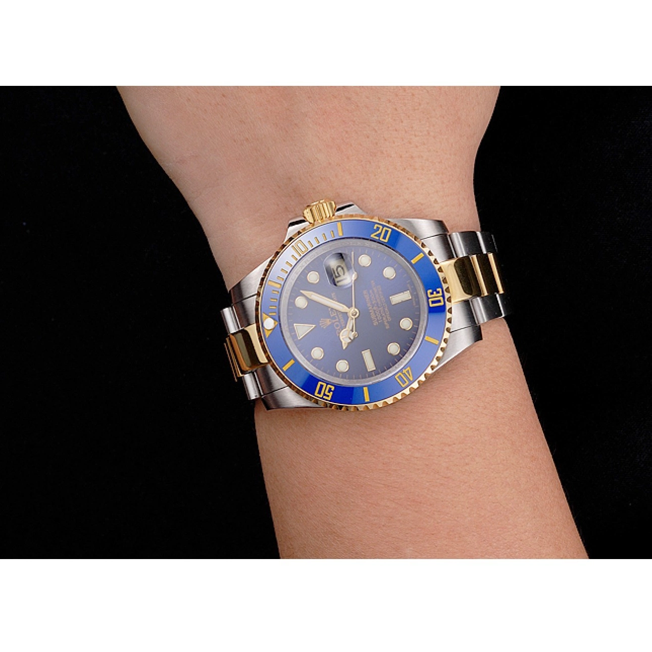 AAA replica watch Bracelet Steel Tone Swiss Bezel Submariner Blue And Rolex Dial Two Gold 0707